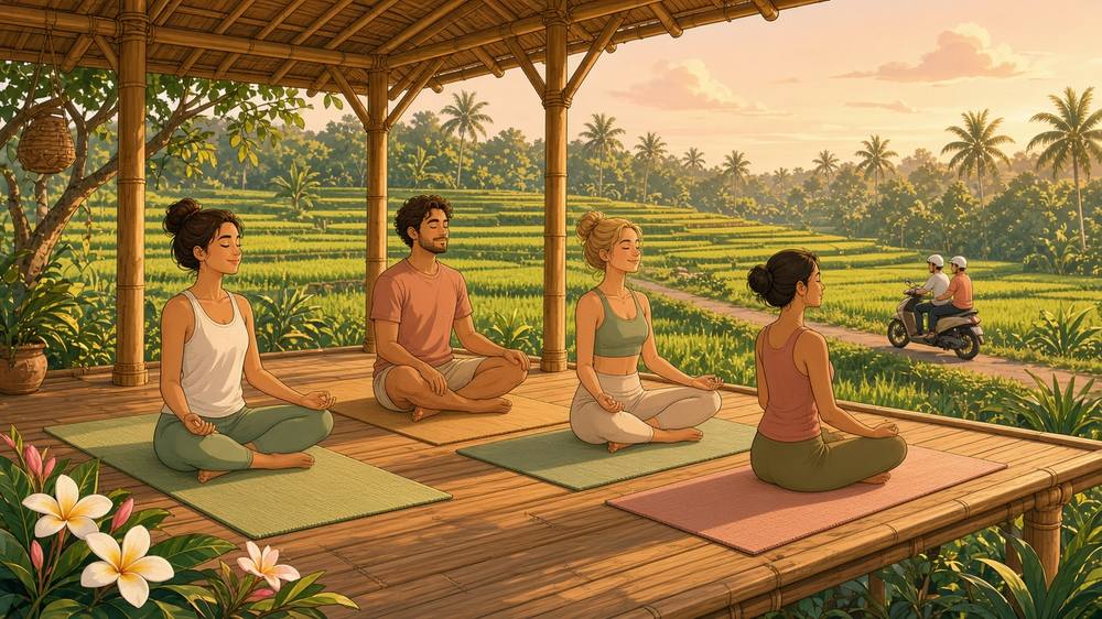Comic: Yoga bei Sonnenuntergang am Strand
