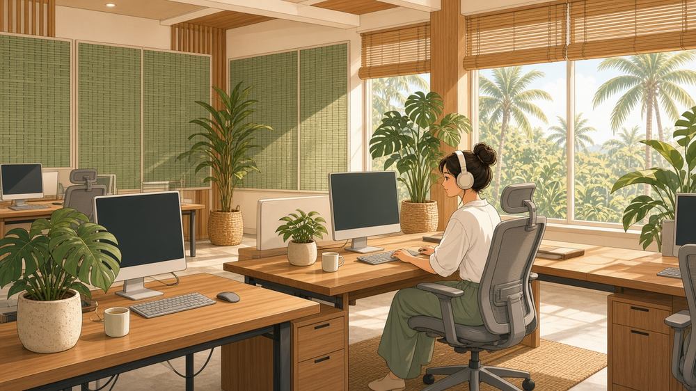 Comic: konzentriertes Arbeiten an festen Schreibtischen im ruhigen Focus Studio